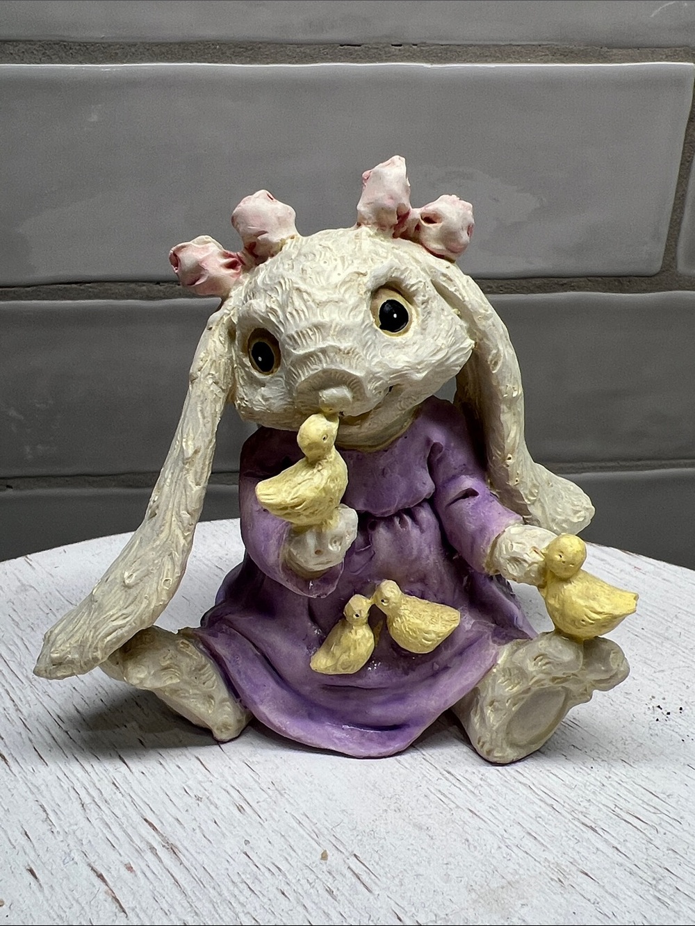 Source Unknown Cream Bunny Figurine with Purple Dress and Yellow Ducklings